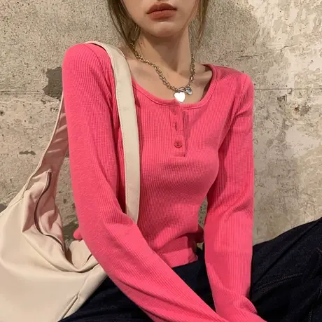 纯欲风v领T恤女装早秋短款辣妹内搭长袖打底衫设计感小众ins上衣商品大图