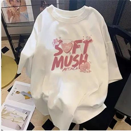 夏季黑白色纯棉短袖女宽松小众中长款潮牌宽松百搭设计感打底上衣商品大图