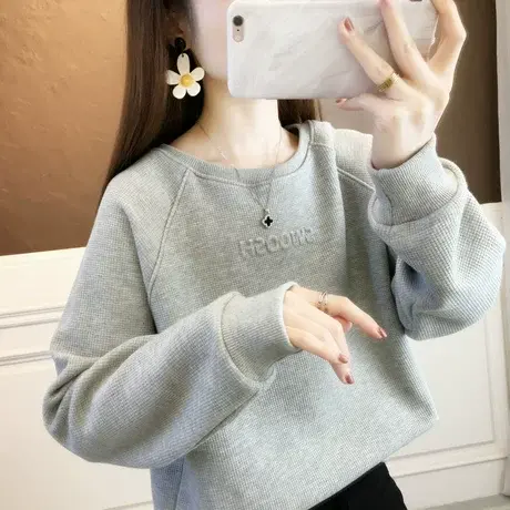 设计感小众华夫格卫衣女春秋韩版宽松薄款小个子短款chic上衣外套商品大图