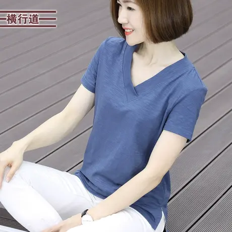 2025新款夏装纯棉妈妈短袖t恤女装v领上衣大码宽松简约半袖打底衫商品大图