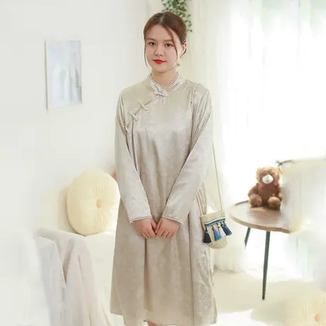 【买一送一】秋新中式缎面绸缎复古旗袍裙大码盘扣显瘦旗袍连衣裙商品大图