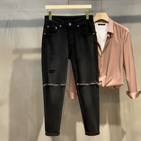 春季新款黑色牛仔裤男潮牌韩版潮流小脚弹力裤子修身拉链休闲长裤图片