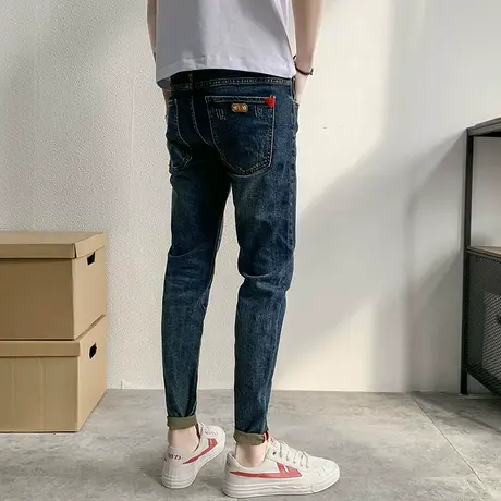 潮个性拼皮弹力小脚裤男韩版修身猫爪牛仔裤青年牛仔裤微弹铅笔裤图片