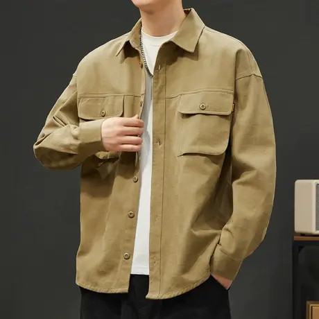 卡其色男士春季纯棉翻领衬排扣衣外套春秋款美式高端长袖衬衫上衣商品大图