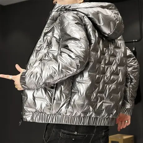棉衣男韩版潮流短款羽绒棉服银灰色亮面棉袄男士冬季外套连帽潮牌商品大图