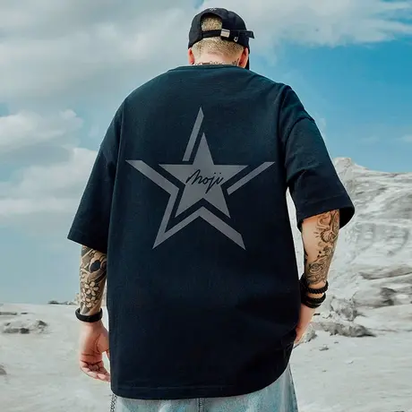 高街潮牌宽松T恤美式短袖男加肥加大五分袖纯棉重磅大码男装夏季商品大图