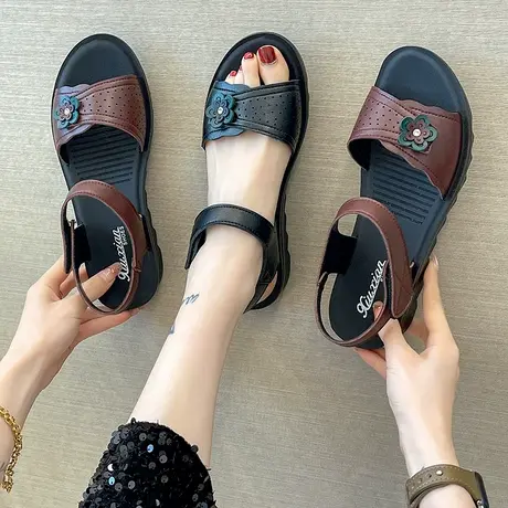 老人凉鞋女士夏季时尚外穿妈妈鞋子真皮凉鞋老北京奶奶鞋软底防滑图片