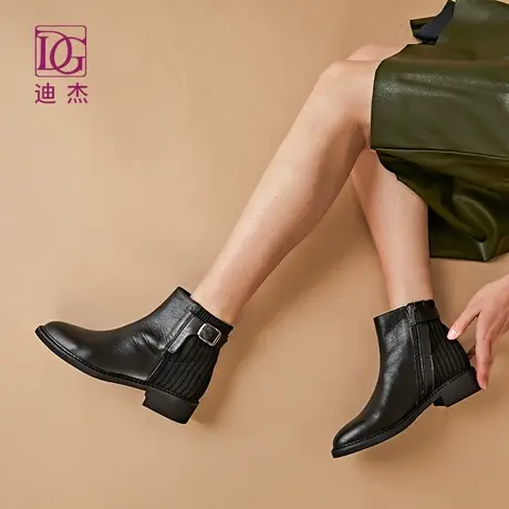 DG黑色真皮短靴女春秋单靴新款平底头层牛皮英伦风及踝靴子商品大图