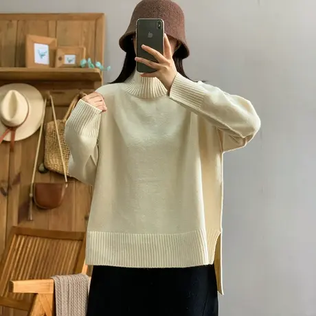 dza 复古短款高领毛衣女秋冬羊驼毛前短后长打底上衣侧开叉针织衫图片