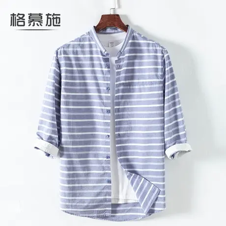 格慕施棉麻衬衣加肥加大码薄款条纹潮流气质帅休闲七分袖衬衫男士图片