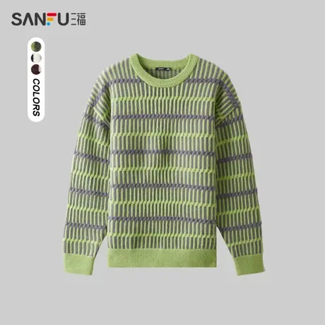 三福2023冬季男士双股扭绳织法大廓形毛衣 条纹上衣男479621商品大图