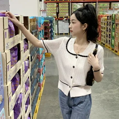 唐狮夏季娃娃领净色镂空短袖毛线衫透气针织翻领上衣女T恤温柔风图片
