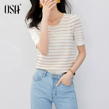 OSA欧莎小香风复古冰丝针织衫女夏季2022年新款薄款条纹短袖上衣商品大图