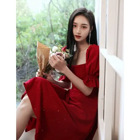敬酒服新娘女夏季回门订婚礼服连衣裙平时可穿小个子方领亮闪闪图片