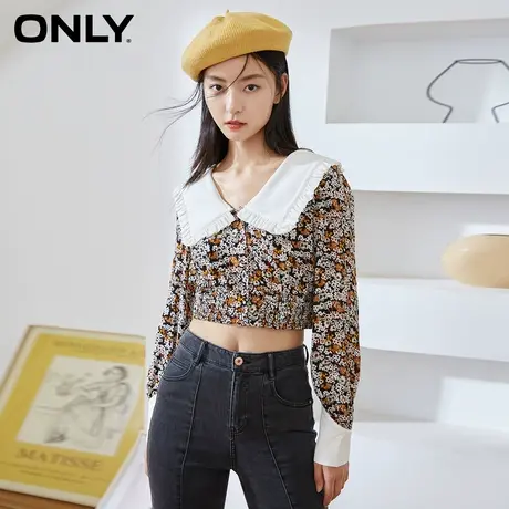 ONLY奥莱夏季短款复古长袖娃娃领收腰木耳边衬衫女商品大图