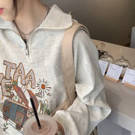 POLO领卫衣女春秋宽松韩版潮学生长袖宽松百搭半拉链上衣服潮ins商品大图