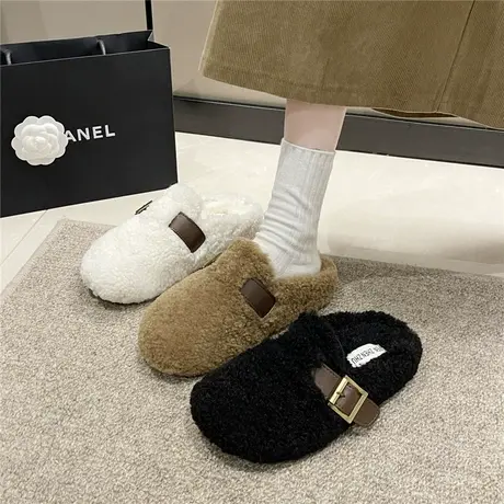 时尚温柔厚底羊羔毛毛拖鞋子女2024新款爆款复古保暖包头博肯棉拖商品大图