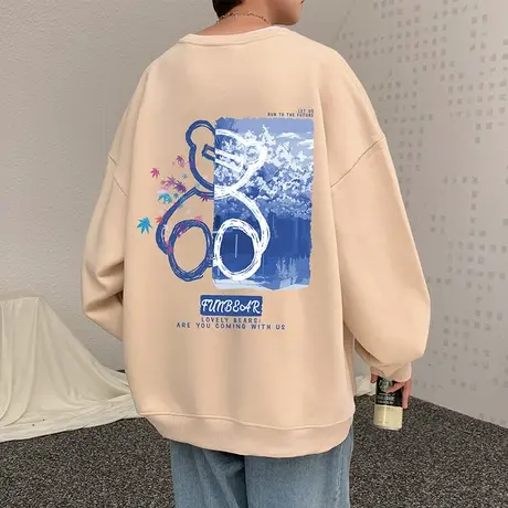 ins潮牌宽松圆领长袖卫衣男秋冬季小熊重磅情侣嘻哈港风无帽外套商品大图