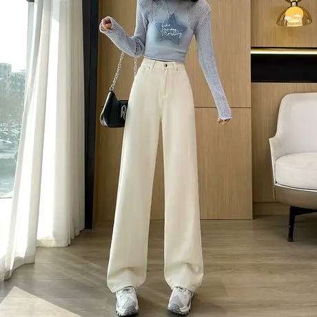 浅色窄版阔腿牛仔裤女春秋2024新款高腰宽松显瘦垂感直筒拖地裤子商品大图