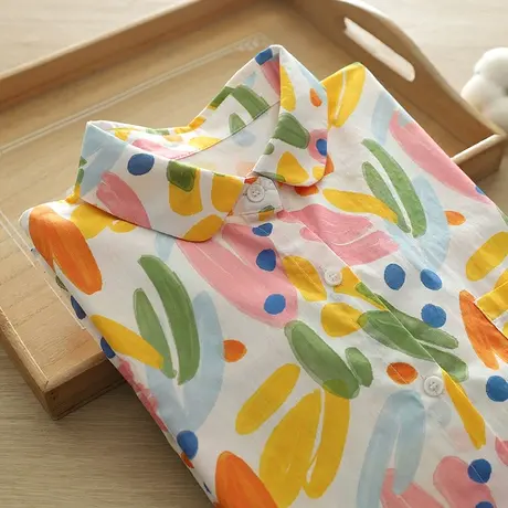 春秋新款文艺小清新彩色涂鸦纯棉长袖衬衫女宽松百搭打底上衣外套图片