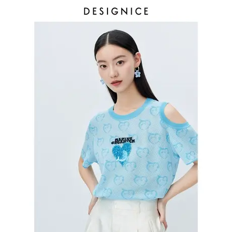 迪赛尼斯夏装新款通勤心形印花露肩小众薄款短袖针织衫女商品大图