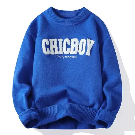 撞色毛衣男2023秋冬潮牌针织衫青少年宽松羊毛衫圆领加厚保暖线衣商品大图