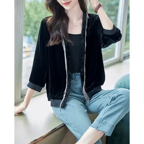 宝诗黎V领链条流苏丝绒桑蚕丝短外套2024春季新款七分袖外搭上衣图片