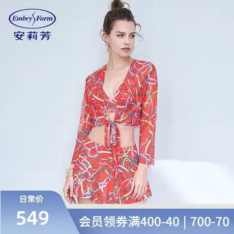 安莉芳ins风印花比基尼分体泳装女网纱罩衫度假泳衣三件套ES00106商品大图
