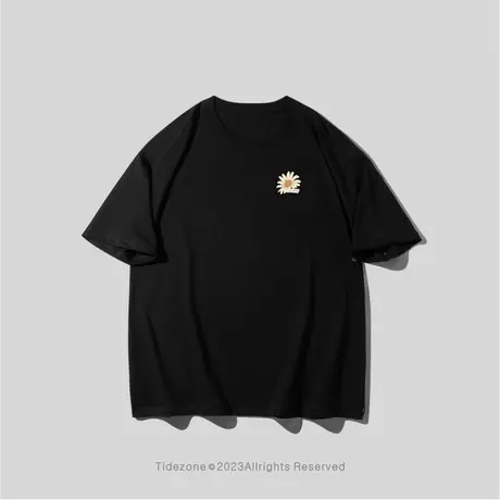 Ohlyah潮牌简约短袖男女同款夏季复古小雏菊印花纯棉黑色上衣美式图片