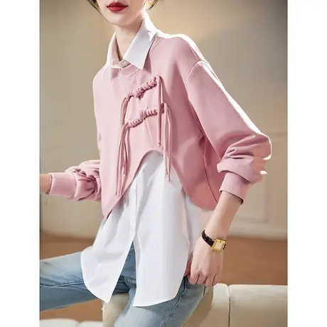 宝诗黎韩系休闲盘扣长袖衬衫2024春季新款百搭棉质衬衣两件套女装商品大图