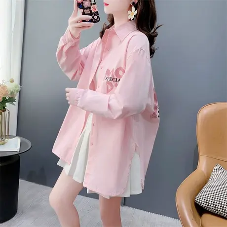 中长款字母印花长袖衬衫女春季2024新款宽松休闲百搭薄款外套上衣商品大图