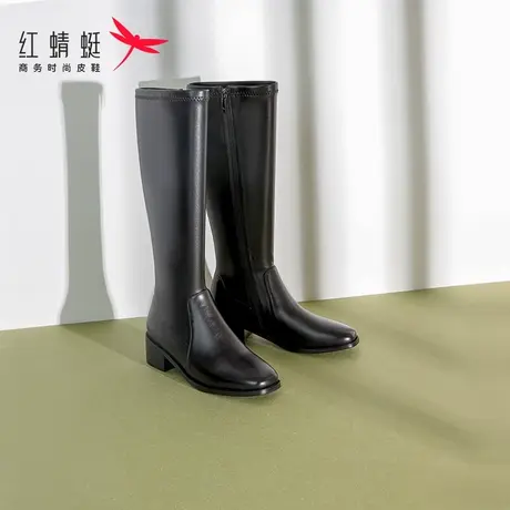 红蜻蜓靴子女2023冬新款加绒粗跟长靴中筒靴长筒皮靴高筒骑士靴女商品大图