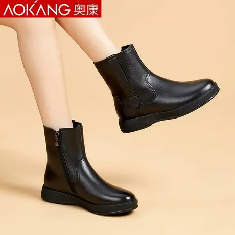 奥康棉鞋女鞋冬季新款休闲马丁靴中筒女鞋真皮加绒女靴牛皮女棉鞋商品大图