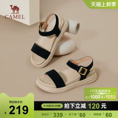骆驼女鞋2023夏季新款平底一字带凉鞋时尚厚底真皮厚底休闲凉鞋女图片