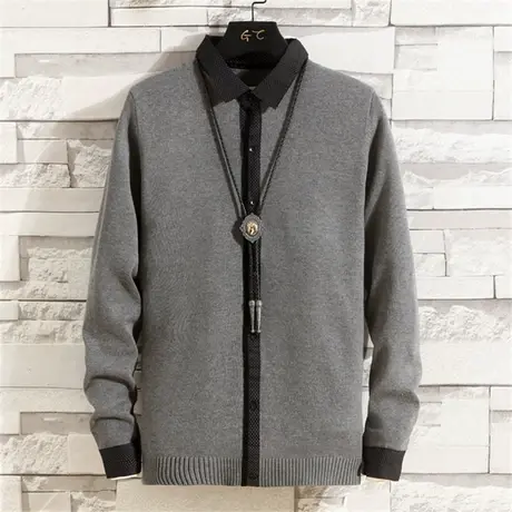 秋冬季新款假两件衬衫领毛衣男士带领针织打底衫潮流秋装上衣服商品大图