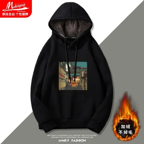 美式复古街头风加绒加厚卫衣男连帽潮牌oversiz宽松大码秋冬外套商品大图