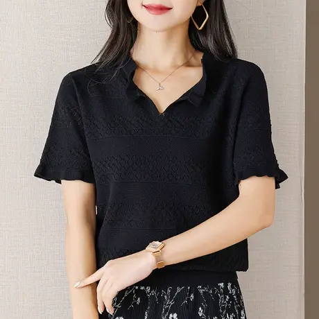 伊自尚2023年新款大码女装夏季时尚显瘦T恤上衣胖mmv领镂空针织衫商品大图