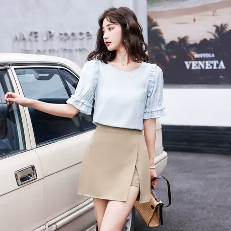 时尚气质花边短袖衬衫2022年夏季新款淑女温柔显瘦简约通勤上衣图片