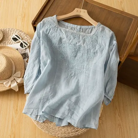 享永子七分袖苎麻上衣女夏刺绣宽松文艺复古棉麻小衫气质2023新款图片