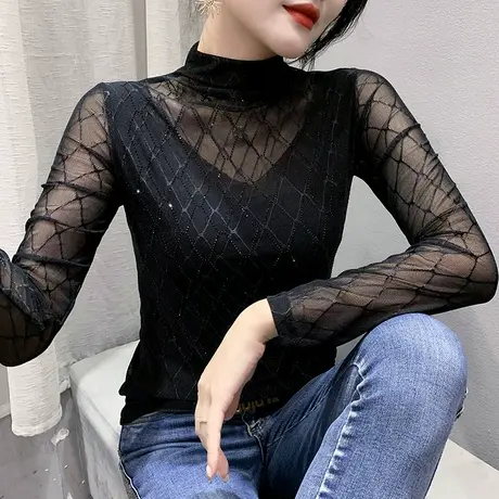 半高领打底衫女春秋2023新款性感镂空网纱T恤长袖洋气内搭上衣ins图片