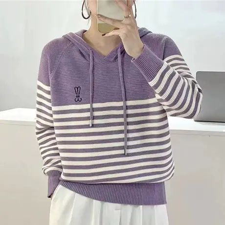 卡通兔子条纹套头针织衫毛衣女士秋冬季2023新款连帽宽松百搭上衣商品大图