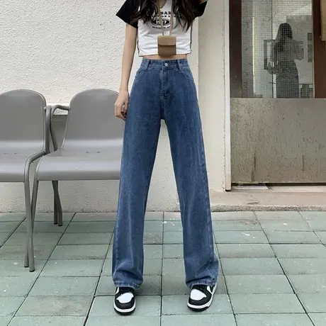 牛仔阔腿裤子女高街潮ins春秋宽松设计感小众高腰直筒显瘦拖地裤图片