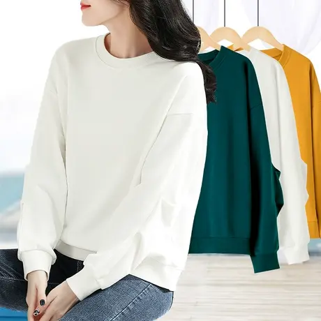 宽松卫衣女韩版bf慵懒风2023春秋新款圆领套头大码白色长袖t恤女商品大图