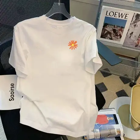 纯棉短袖t女杏色高级感上衣夏季春秋内搭打底衫宽松显瘦圆领韩版商品大图