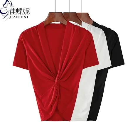 夏季新款韩版V领扭结纯欲修身纯棉纯色短袖体恤上衣内搭女打底衫图片