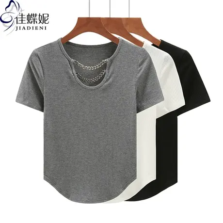 夏季新款韩版圆领纯白修身纯色燕尾纯欲短袖体恤上衣内搭女打底衫商品大图