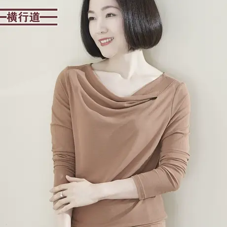 纯色一字领宽松长袖T恤女装打底2023年冬装休闲大码妈妈上衣外穿商品大图