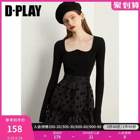 DPLAY秋装新时尚复古爱心领型黑色移针设计短款毛衣商品大图