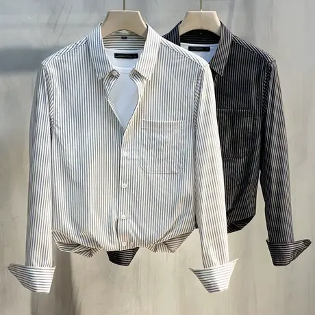 2023春秋季细条帅气百搭衬衫韩版休闲衬衣上衣复古修身长袖寸衣男商品大图