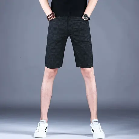 男士黑色格纹印花休闲牛仔短裤男款修身秋款潮流2023新款裤子五分商品大图